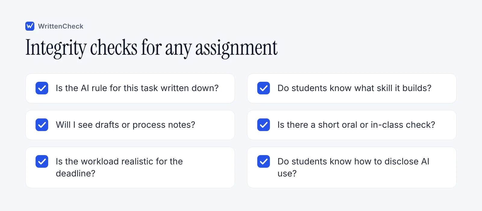Checklist of six questions a teacher can ask about an assignment to support academic integrity when students have access to AI tools.