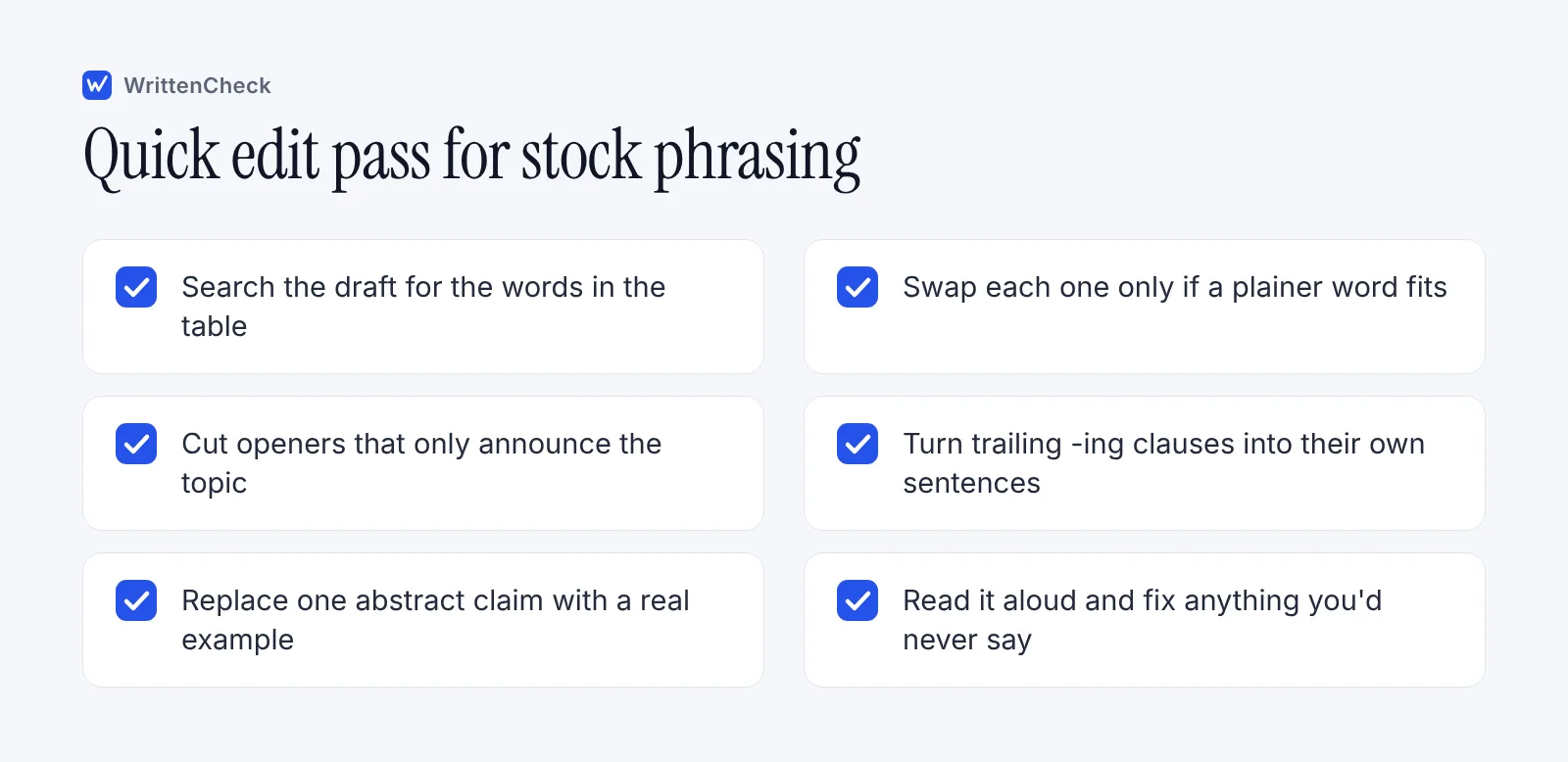 Checklist of six editing checks for removing stock AI-sounding phrases from a draft, from searching for flagged words to reading aloud.