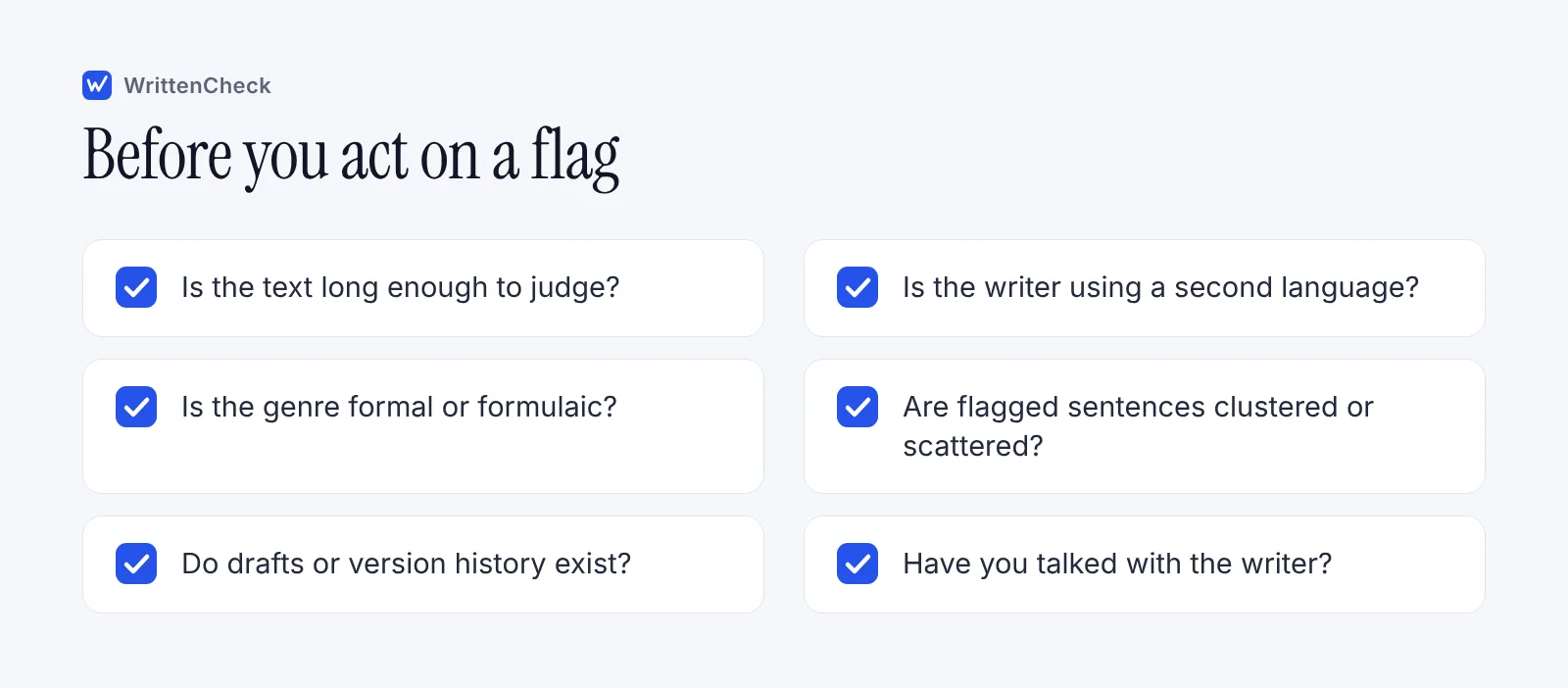 A checklist for teachers covering text length, writer background, genre, sentence highlights, drafts and version history, and a calm conversation before any decision.