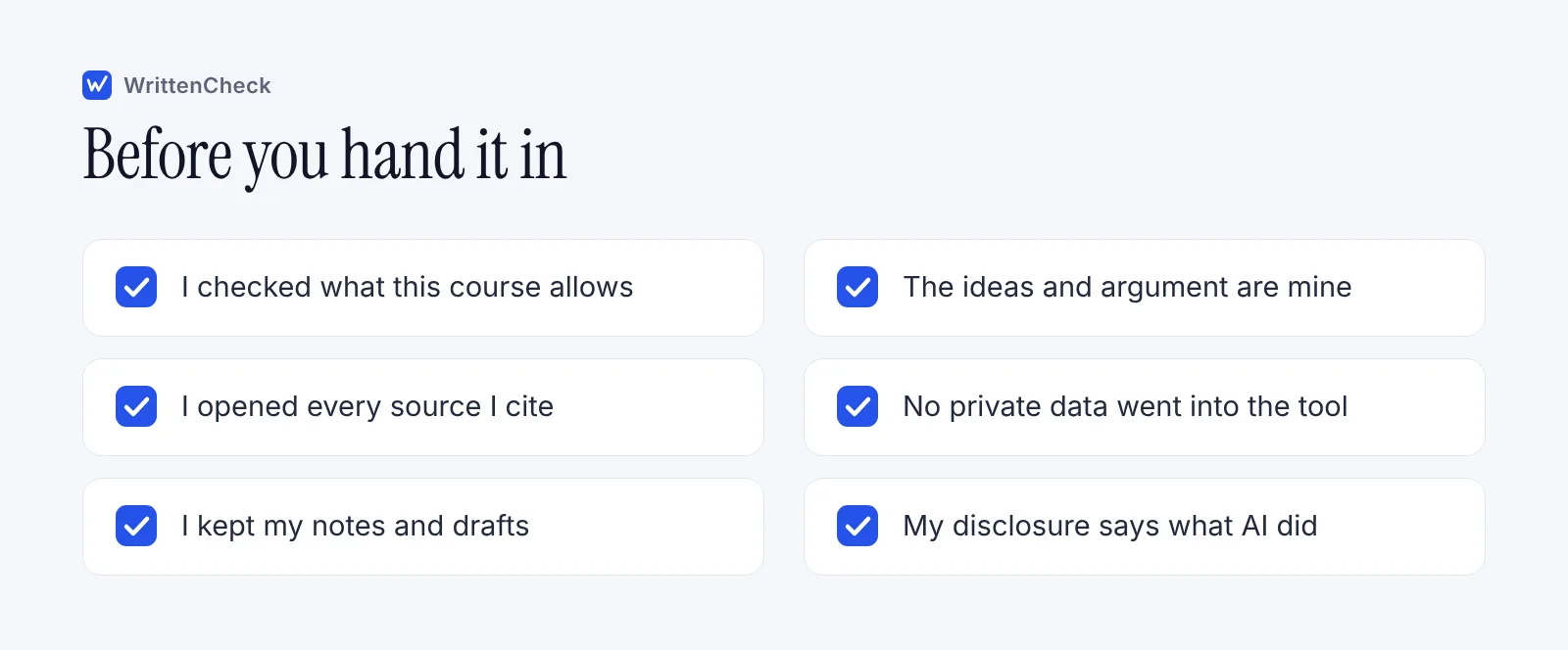 Checklist of six things to confirm before submitting work that involved AI, from checking the course rules to writing a disclosure note.