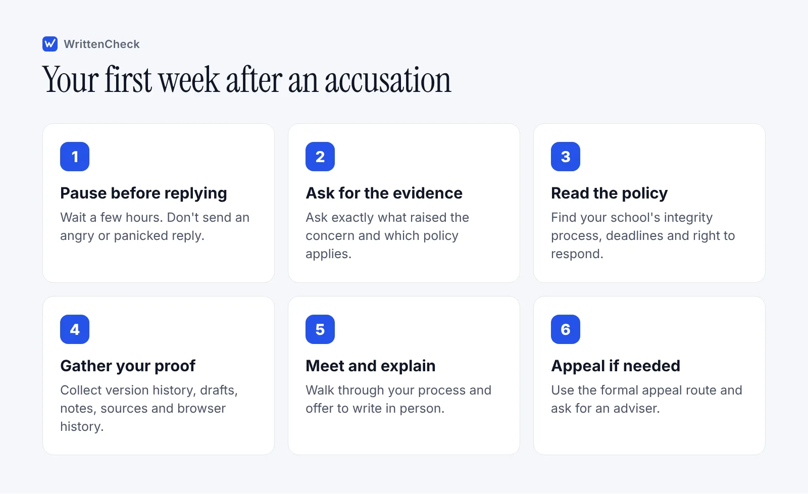 Six steps for a student accused of using AI: pause, ask for the evidence, read the policy, gather proof, meet and explain, appeal if needed.