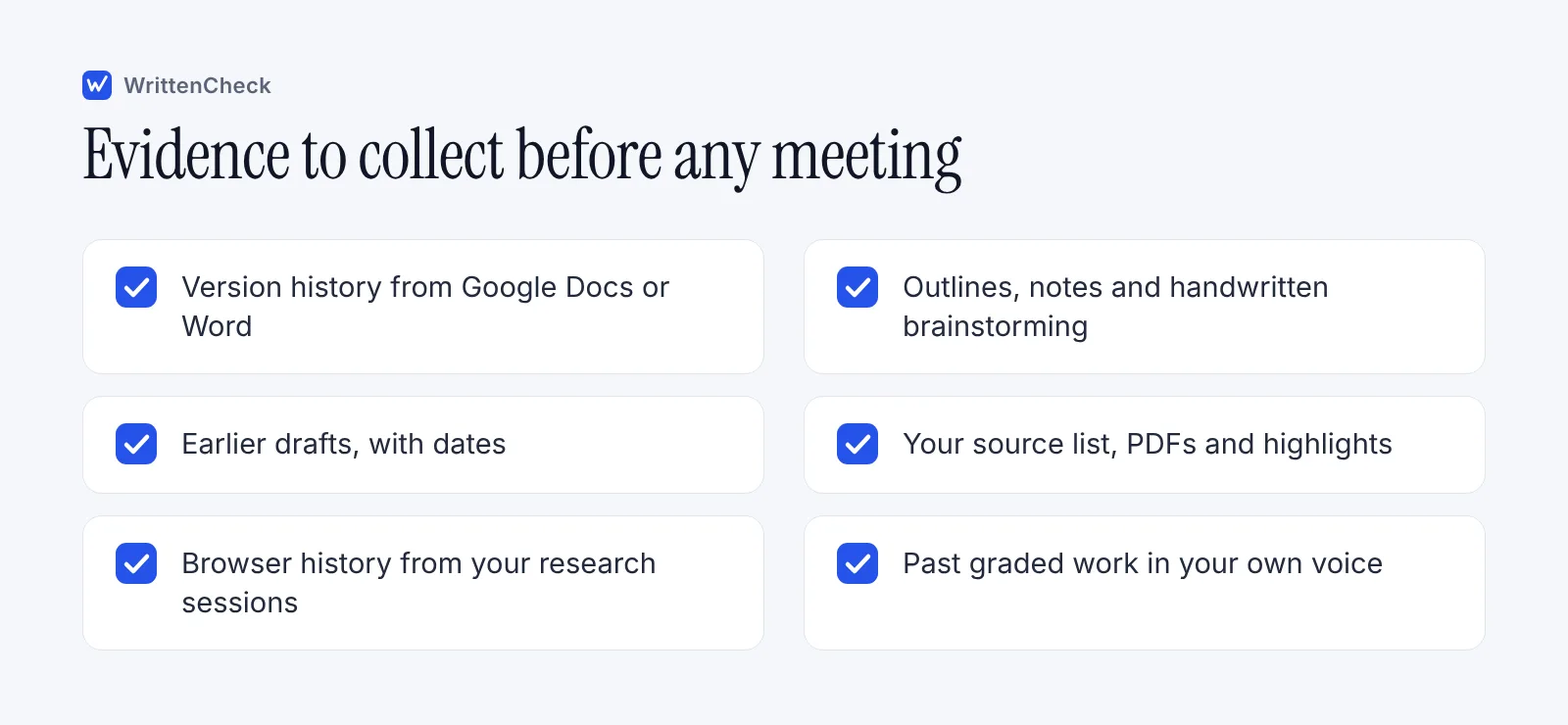 Checklist of six kinds of evidence a student can collect to show they wrote their work, from version history to a source list.