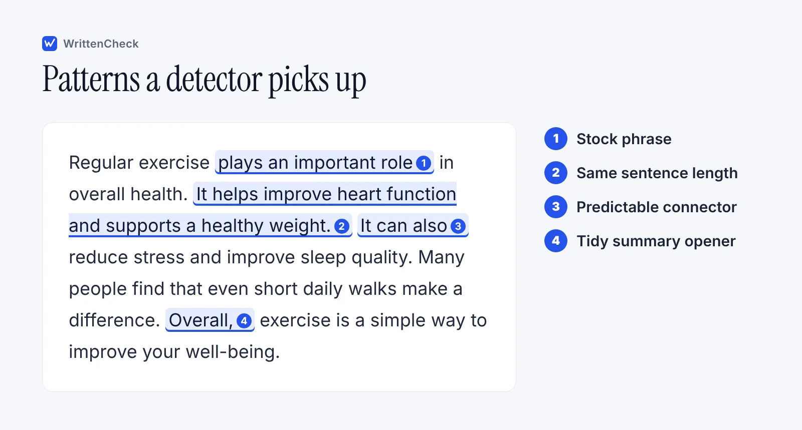An example paragraph about exercise with four highlighted phrases showing stock wording, even sentence length, a predictable connector and a tidy summary opener.