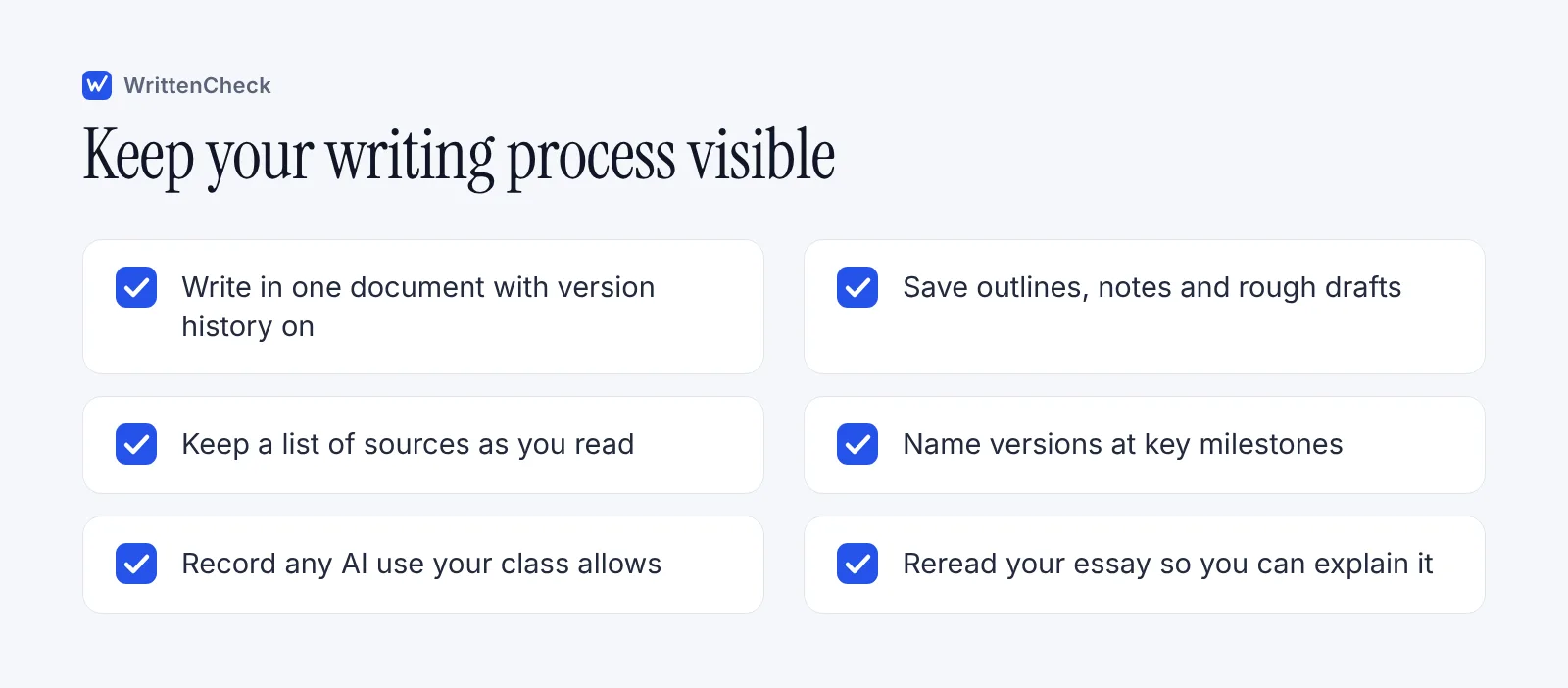 Checklist of six habits that keep a student's writing process visible, such as writing in a tracked document and saving notes and sources.