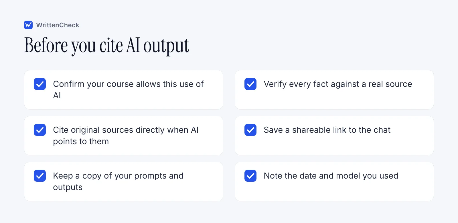 Checklist of six things to do before citing AI output, including checking permission, verifying facts and saving the shareable link.